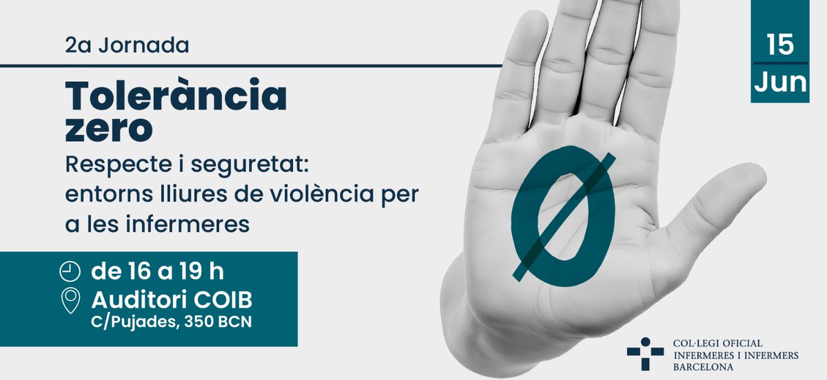 COIBarcelona's tweet photo. ✋ Les infermeres són les principals víctimes d'agressions a professionals de la salut. 

La Vocalia d'Infermeria del Treball organitza la segona jornada de Tolerància Zero sota el lema “Respecte i seguretat: entorns lliures de violència per a les infermeres”. 

Inscripcions obertes! 👉 https://t.co/rKyEuUsrhT
