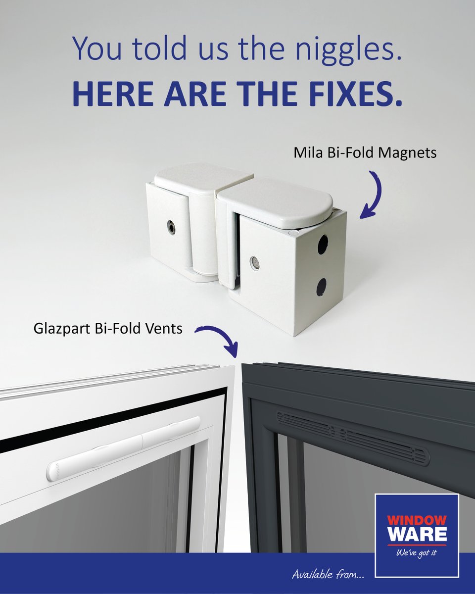 WindowWare's tweet photo. #BifoldDoor perfection is in the details. Talking to fabricators, we know the niggles that slow down production. We've got the fixes:

@milahardware_uk magnets: Solve misalignment.
@glazpart bifold vents: No stacking interference.

Keep production moving: https://t.co/X0YqAQZ2DZ https://t.co/jCOtapBFKj