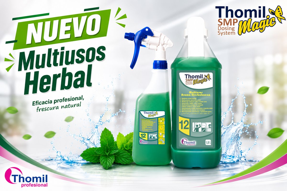 ThomilPro's tweet photo. 🆕 THOMILMAGIC SMP Nº12 - Limpiador #multiusos concentrado con aroma a hierbabuena para la #limpieza rápida y profunda sin necesidad de aclarado. Muy recomendado para #Hostelería y #Housekeeping. 
#LimpiezaProfesional #Thomil https://t.co/AG8ltHcWWE