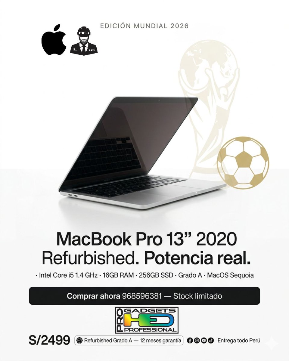 hed_sac's tweet photo. MacBook Pro 13" Silver (2020) — 1.4 GHz i5 - 16GB - 256GB SSD - Refurbished Grado A -- Precio S/ 2,499 📷
#MacBookPerú #MacBookPro #OfertaPerú #RefurbishedA #Mundial2026 #CompraAhora #StockLimitado #TecnologíaPerú #CreadoresPerú #MarketingDigital #LaptopEnOferta #hedpro https://t.co/MDysktuccc