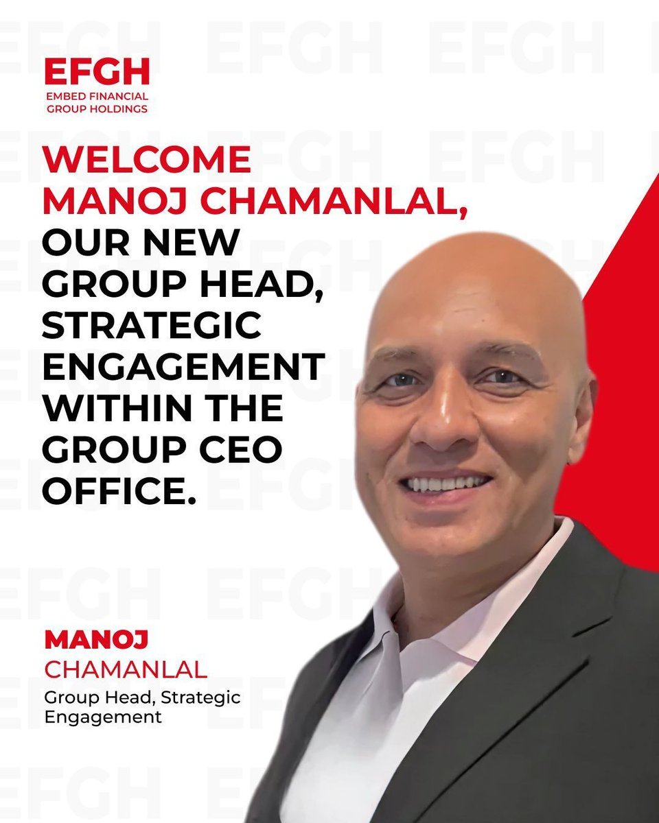 efgh_global's tweet photo. Execution is everything.

Manoj Chamanlal joins the Group CEO Office to lead Strategic Engagement.

From Asia to Africa, he knows how to keep teams aligned and partnerships strong as organisations grow.

Strengthening the core of how we move.

#EFGH #Finternet #Leadership https://t.co/rrp6RVbtYy