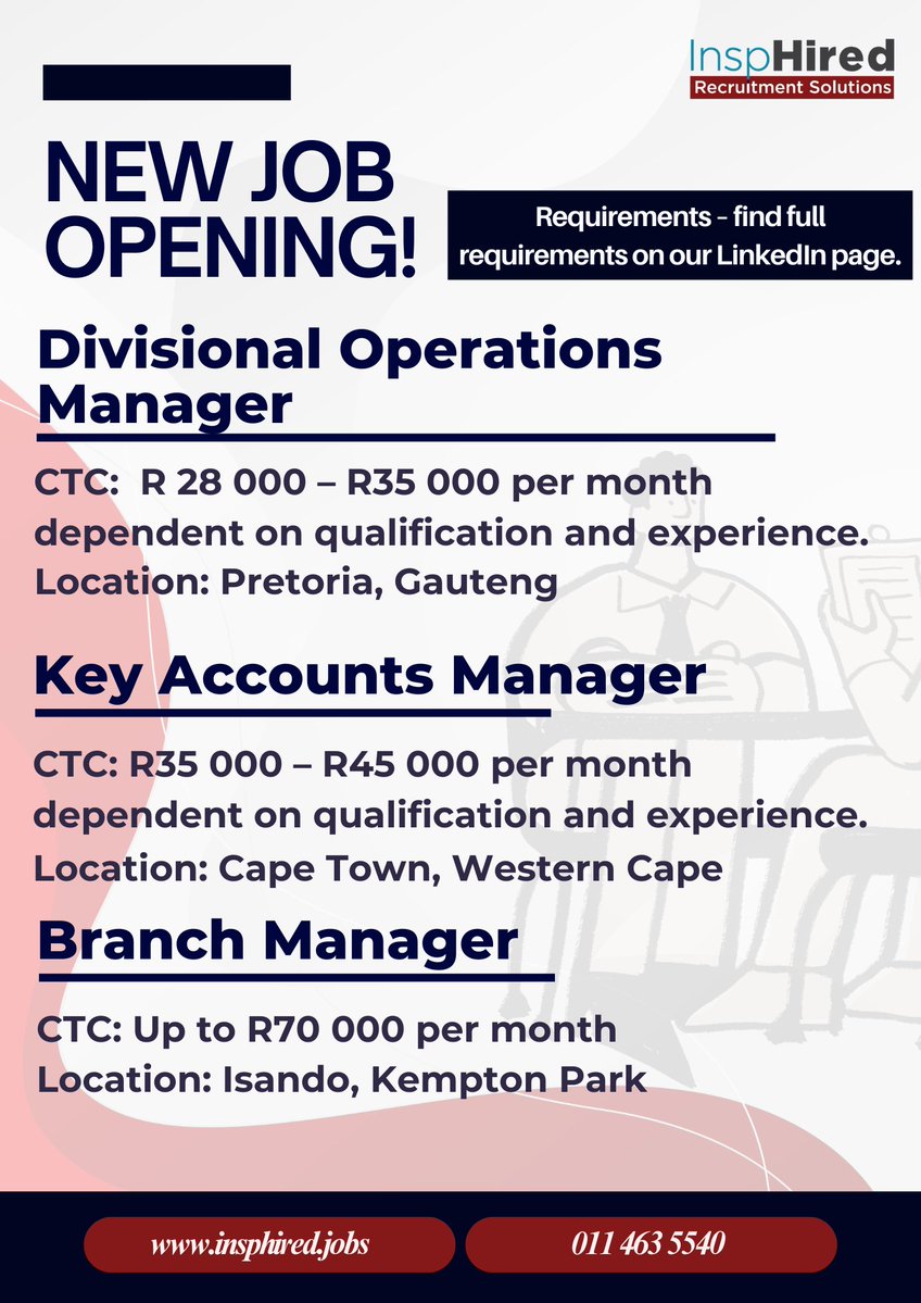 InspHiredSA's tweet photo. 📢 JOB OPPORTUNITIES
Key Accounts Manager https://t.co/iUS589Ww3F
Branch Manager https://t.co/gf7HPCbcKm
Divisional Operations Manager
Apply: https://t.co/ayHQAaK0mM
🔗 LinkedIn: https://t.co/9lxR7IueSY
#Jobs https://t.co/4PJK1gCAMz
