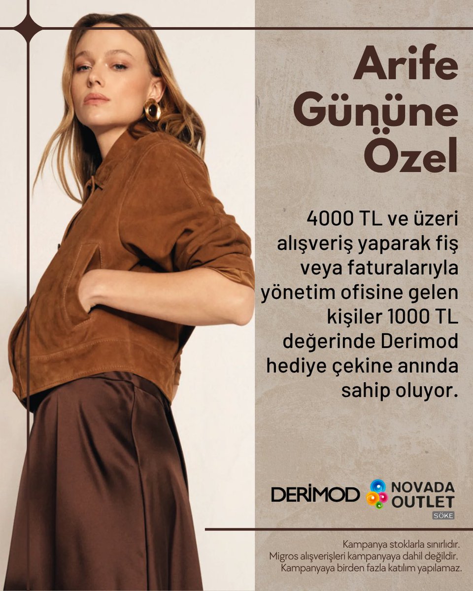 novadasoke's tweet photo. Arife Gününe Özel
4000 TL ve Üzeri Alışveriş Yaparak Fiş veya Faturalarıyla Yönetim Ofisine Gelen Kişiler 1000 TL Değerinde Derimod Hediye Çekine Anında Sahip Oluyor.
#NovadaOutletSoke #Novada #Derimod #Kampanya https://t.co/a762OVhpWk