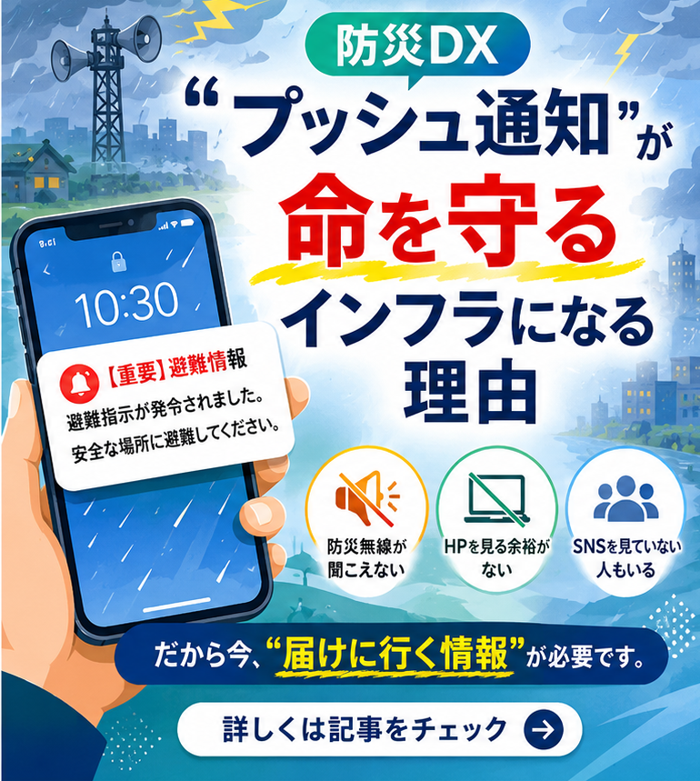 lit_apportal's tweet photo. 災害時、「情報が届かなかった」それだけで避難が遅れることがあります。
今、防災DXで重要視されているのが “プッシュ通知”です。
防災無線だけでは届かない時代に、なぜアプリ通知が命を守るインフラになるのか。  

▼記事はこちら
 https://t.co/PMJgRjbydU 

#防災DX #自治体DX #防災 #災害対策 https://t.co/zob8IeaxFy