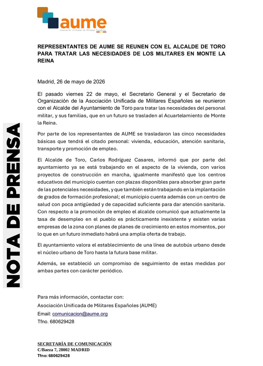 AUMEinforma's tweet photo. Representantes de @AUMEinforma se reúnen con el alcalde de @Toro_Ayto para tratar las necesidades de los militares en Monte la Reina. https://t.co/LobrBwe33g