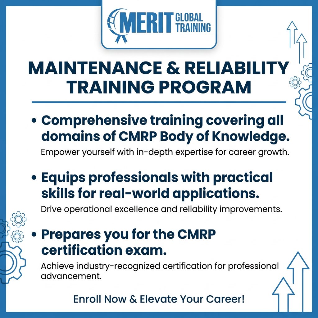 merit_global's tweet photo. Boost your maintenance &amp; reliability career with CMRP Certification Training. Learn best practices, predictive maintenance &amp; exam-ready skills.

Learn more: https://t.co/whdOjR5hYE

#CMRP #ReliabilityEngineering #MaintenanceExcellence https://t.co/TlCr57TDwR