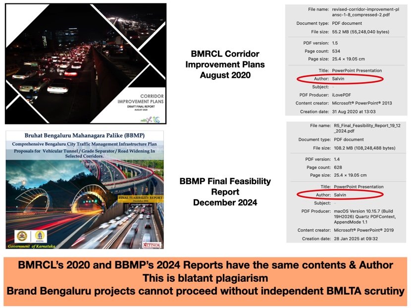 solidview's tweet photo. It is shocking that not many Bengaluru citizens are shocked.

The copy-paste brazenness peaked when the author is the same for BMRCL &amp; BBMP reports prepared 4 yrs apart by different consultants.

2020 report edited (changed header &amp; footer) to produce the 5.5 crs 2024 report. https://t.co/GCLo9U0ycl