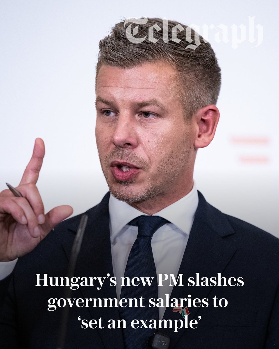 Telegraph's tweet photo. Hungary’s new prime minister has halved his own salary and cut the wages of his ministers to regain public trust and “set an example”, after years of alleged government corruption.

Péter Magyar announced that he would reduce his annual pay to 45.6m forints (£110,000), less than half the 93.6m (£226,000) paid to his immediate predecessor, Viktor Orbán 👇
https://t.co/QNTmTkO7yE