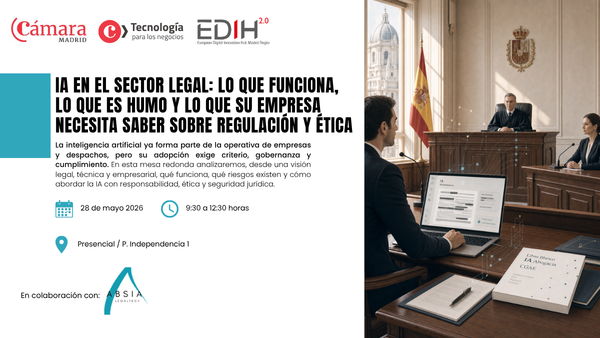 EdihMadrid's tweet photo. Desde @CamaraMadrid te invitan a este encuentro clave 👇
👉 IA en el sector legal: qué funciona, qué es humo y qué debes saber sobre regulación y ética
📅 28 mayo 2026 | 🕘 09:30–12:30
📍 Plaza de Independencia, 1
🎟️ Gratis (aforo limitado)

Inscríbete 👉 https://t.co/wySUuJIW52 https://t.co/GZ7FPYWFvo