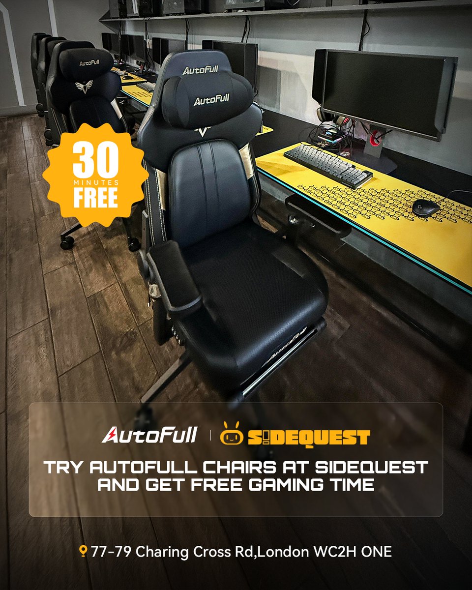 AutoFullGlobal's tweet photo. 🎮 London is witnessing something different.

Come experience AutoFull gaming chairs at SideQuest!

How to join 👇
1️⃣ Follow both official accounts @AutoFullGlobal  @SideQuest_Hub 
2️⃣ Walk into SideQuest
3️⃣ Try an AutoFull chair and claim your FREE 30 mins gaming session 🎉 https://t.co/YzEynYDWnG