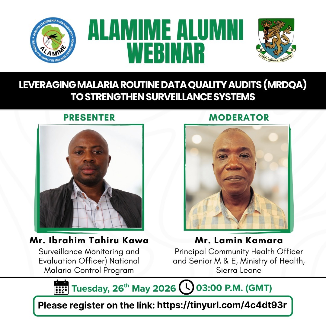 ALAMIMEprogram's tweet photo. Happening today: May 2026 Alumni Webinar for Sierra Leone

Leveraging Malaria Routine Data Quality Audits (mRDQA) to Strengthen Surveillance Systems

🗓️26 May 2026
🕒03 p.m. (GMT)

🔗 https://t.co/4B3uWPe7p8
_
Reminder

5th Consortium Webinar -18 June

🔗 https://t.co/w3n9BoBDOZ https://t.co/aQu0EZ2mmw