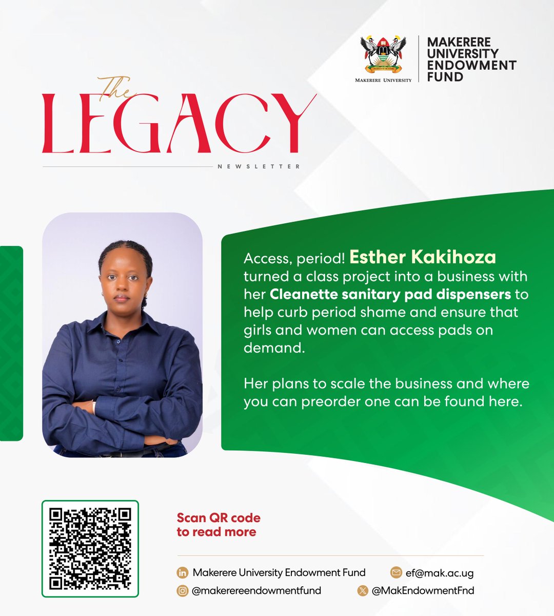 MakEndowmentFnd's tweet photo. When challenged to think of a class project while studying at @Makerere, @EstherKakihoza came up with the idea of Uganda's first sanitary pad dispenser, which she has relentlessly pursued and brought to life. 

Here is the story of this journey and the impact it is having on ending period shame https://t.co/ELGkXbv8Ys
