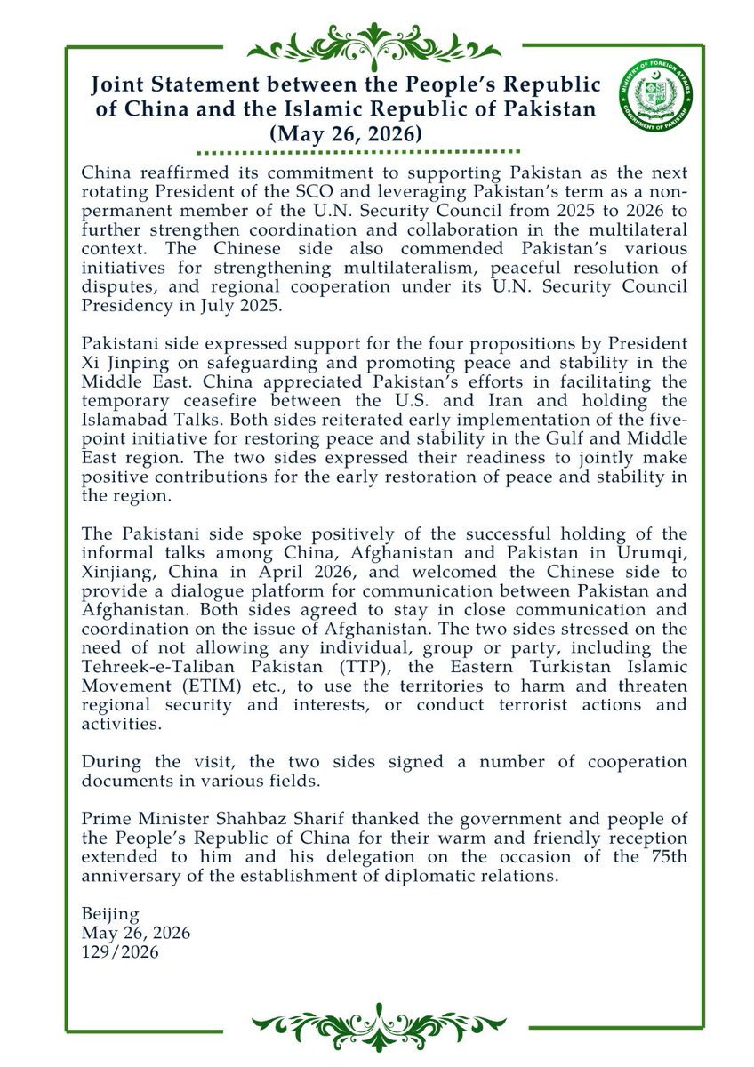 ShaukatPiracha1's tweet photo. #Pakistani premier @CMShehbaz left for #Pakiatan after #China visit.
The joint statement expresses readiness of the two sides to work together for peace in #Gulf #iran #US. It also addresses the #TTP #ETIM streesing not allowing any one's territory to be used against the other https://t.co/soYuKjwqf2