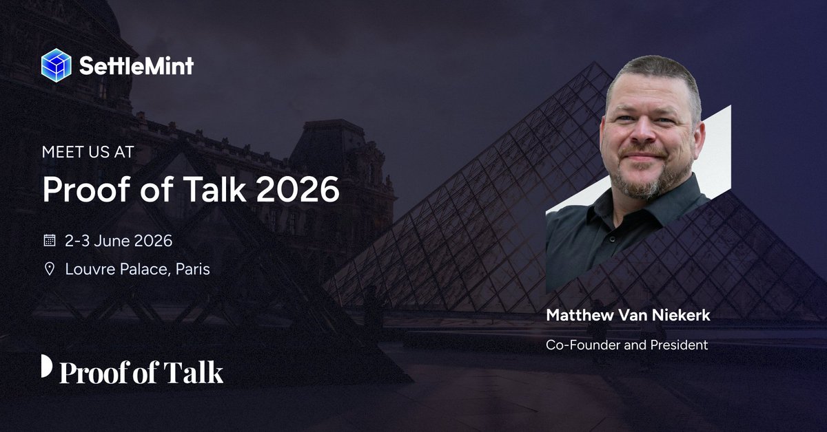 SettleMintCom's tweet photo. Matthew Van Niekerk, SettleMint Co-Founder and President, will be at Proof of Talk 2026 in Paris on June 2-3.

→ Talk with Matthew: https://t.co/1J3KbXMMMR
→ Learn more about DALP: https://t.co/Ms4KnB3z0U

#Tokenization #DigitalAssets #ProofofTalk #FinTech #TechInBanking https://t.co/bubcXXG5Fh