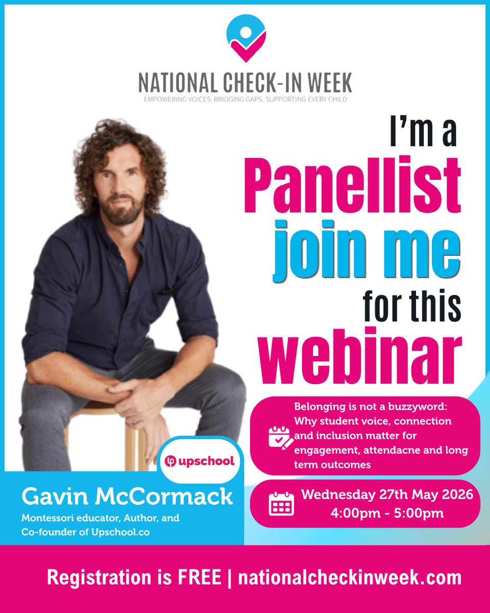 CheckInWeek_'s tweet photo. School should be a place where students feel they belong, not just a place they attend.

Join Gavin McCormack for a free National Check-In Week webinar.

27 May 2026, 4:00pm
https://t.co/9k5uu6IcCW

#NationalCheckInWeek #StudentWellbeing https://t.co/lrYTfKfpBR