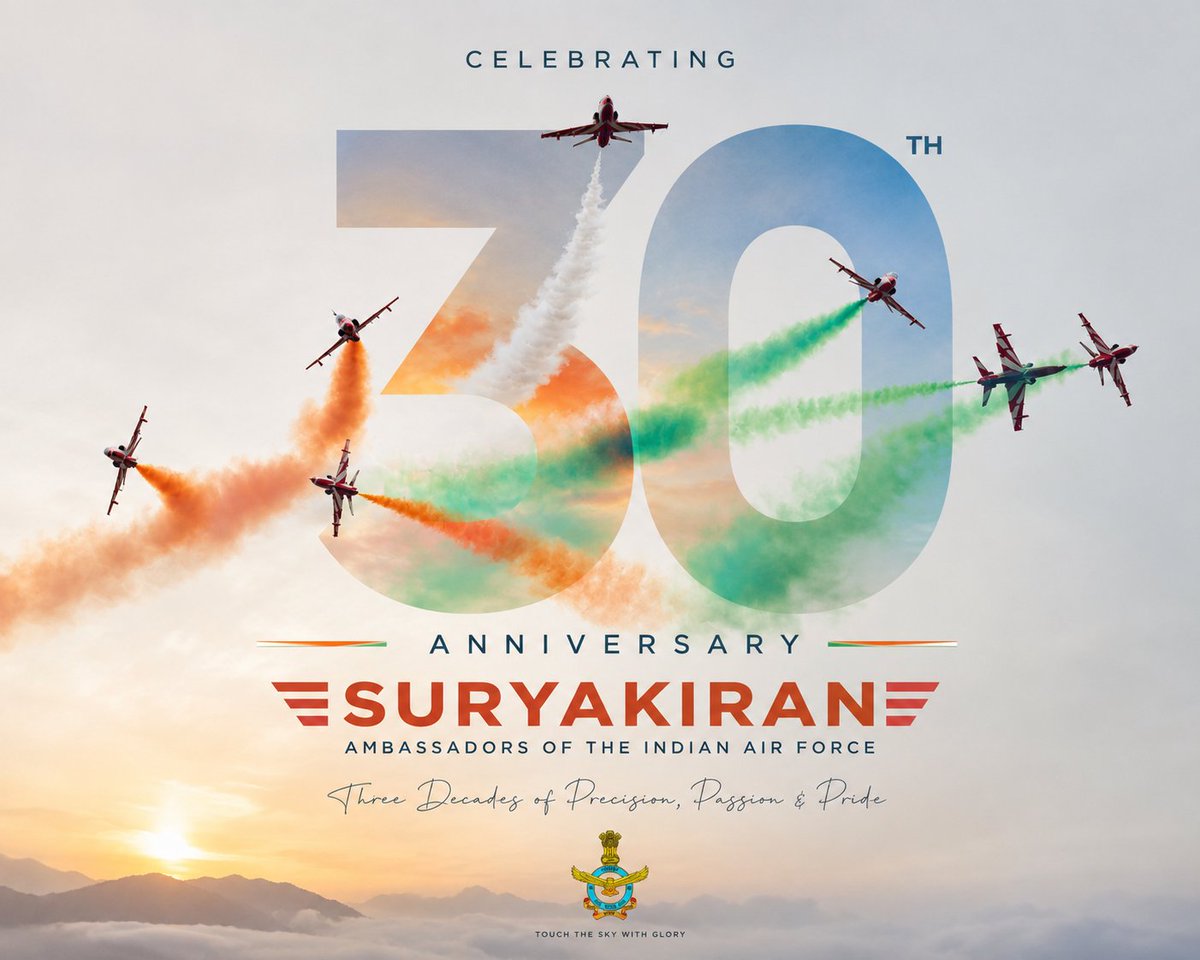 himanshu604's tweet photo. 30 years of writing poetry in the sky. 800 displays. 9 jets. One heartbeat. 🇮🇳✈️ Happy 30th, #SuryaKiran 🔥
@Suryakiran_IAF @IAF_MCC https://t.co/p3OU1BUj41