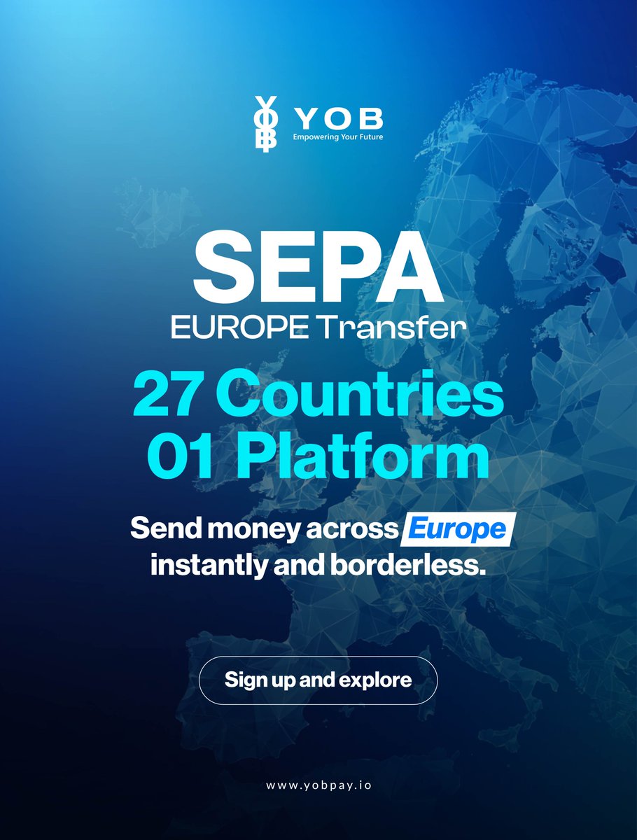 YOBPay's tweet photo. SEPA Eurpoe Transfers.

27 countries. One platform.
Send money across  Europe instantly and borderless.

Ready to experience it yourself?
📲 Open your account at https://t.co/knUfmWYegw

#YOBPay #AllInOne #DigitalBanking #Fintech #Web3 #IBAN #EuropeTransfers #Sepa #SmartBanking https://t.co/WOp57m3a3M