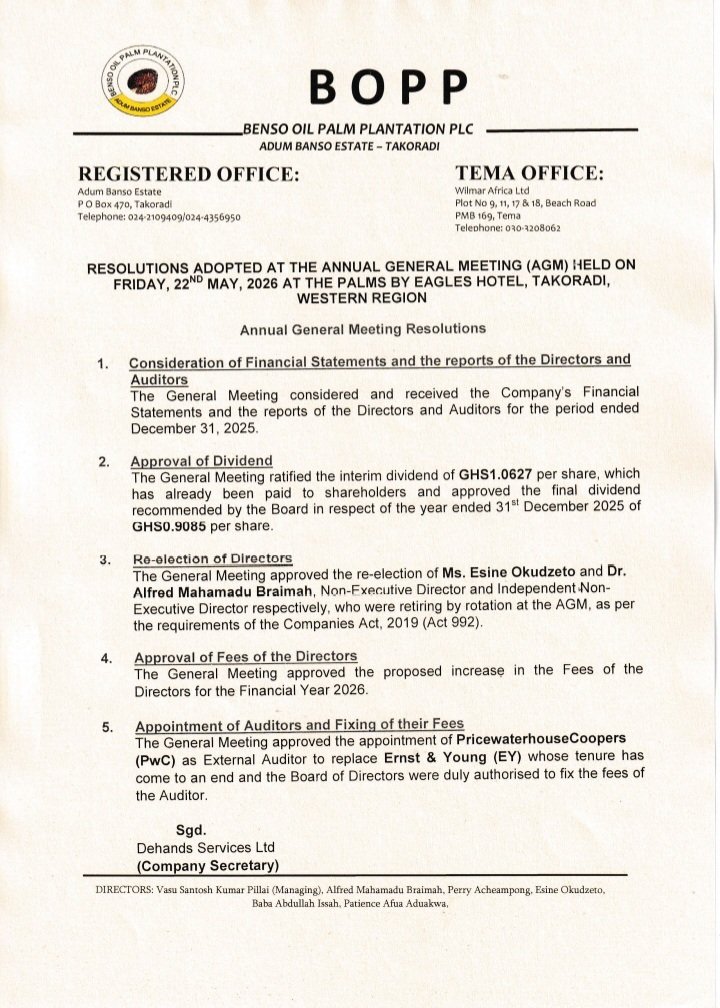 grudy_smith's tweet photo. JUST IN: BOPP revised its final dividend after the AGM.
Proposed: GHS0.2420/share
Revised: GHS0.9085/share 👀
Together with the interim dividend of GHS1.0627, total payout now stands at GHS1.9712 per share 📈💰
Are you okay with dividends after this review? 🔥 https://t.co/nMRnkQk0Tl