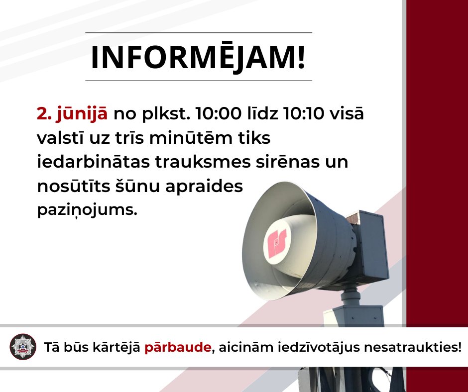 ugunsdzeseji's tweet photo. Informējam, ka otrdien, 2. jūnijā, veiksim trauksmes sirēnu pārbaudi. 📢
☝🏻 Tā būs kārtējā trauksmes sirēnu pārbaude – aicinām iedzīvotājus nesatraukties!

📳 Reizē ar trauksmes sirēnu pārbaudi uz viedtālruņiem visā Latvijā tiks nosūtīts šūnu apraides paziņojums. 
Plašāka informācija 👉🏻 https://t.co/KMHxy77ZE9 

#sirenas | #parbaude | #vugd | #112Latvija | #šūnuapraide | #esiinformētsunrīkojies | #ESfondi | #EUfunds | #EUinmyRegion | #investEU | #ESfondiDrosiba