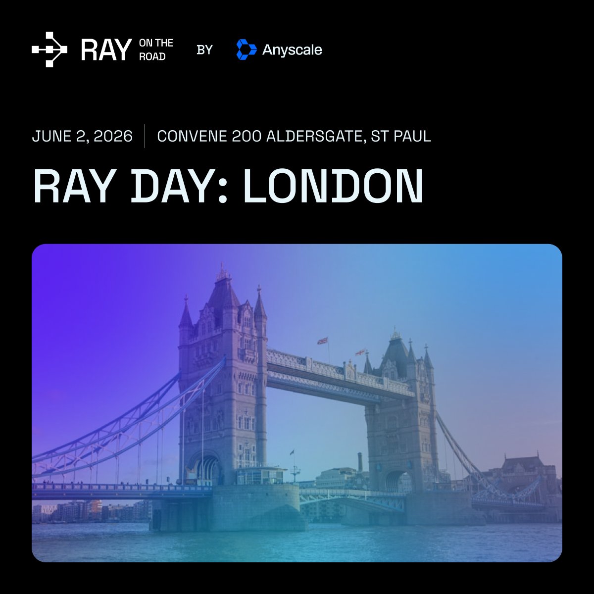 anyscalecompute's tweet photo. Ray Day: London is one week out.

June 2 at Convene 200 Aldersgate. Keynote from Philipp Moritz, user talks from BMW, Adyen, Criteo, Kaiko &amp; Xoople, plus a hands-on workshop on scaling AI with Ray.

A few spots left → https://t.co/OuF8YcU0HH https://t.co/Pj41EB2yOa