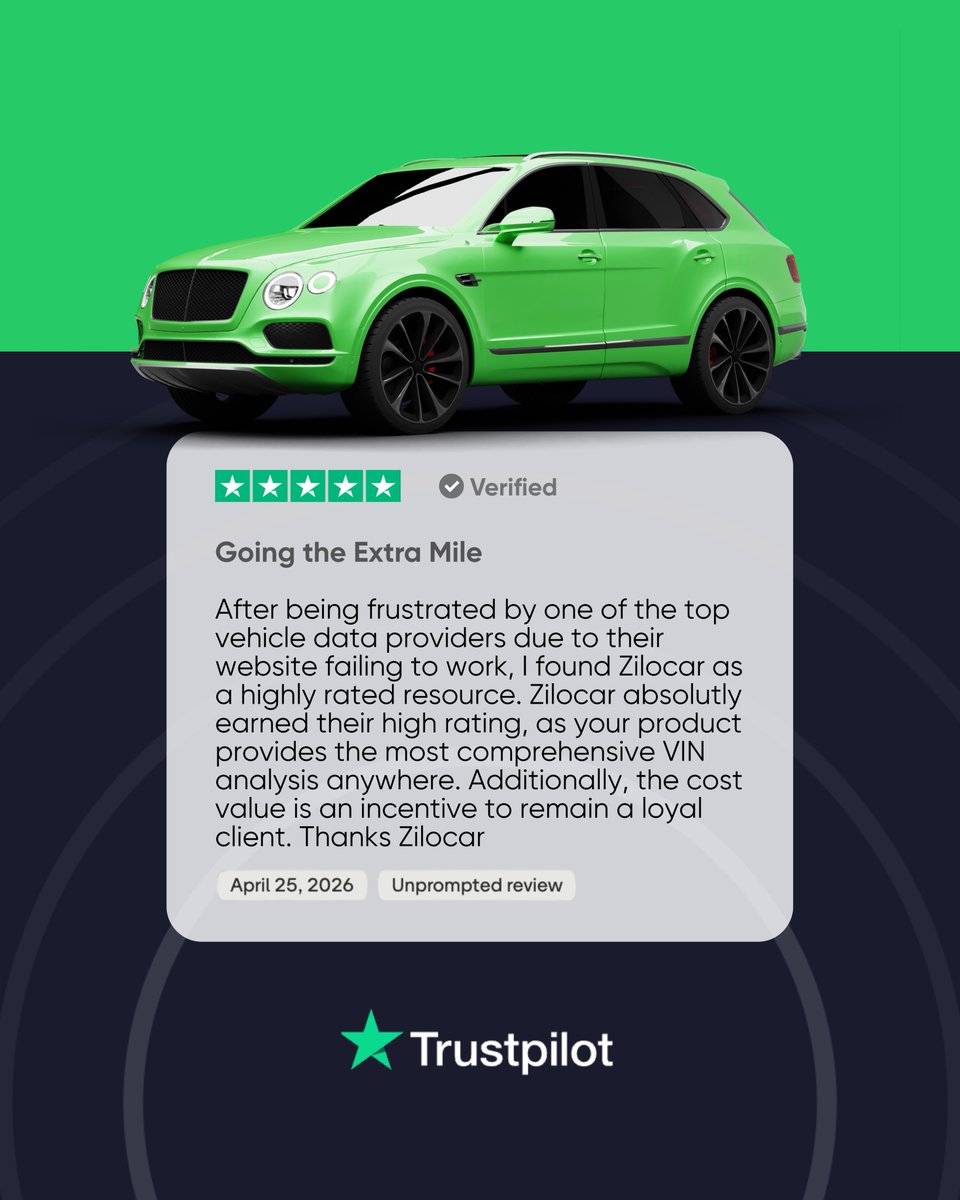 zilocar's tweet photo. Happy customer ⭐️⭐️⭐️⭐️⭐️
When even the "big guys" let you down, Zilocar delivers.
Most comprehensive VIN analysis at a price that keeps you coming back. Don't take our word for it - check Trustpilot.
#vehiclehistoryreport #vincheck #usedcarbuying #carfaxalternative #vinreport https://t.co/SPL81yOze1