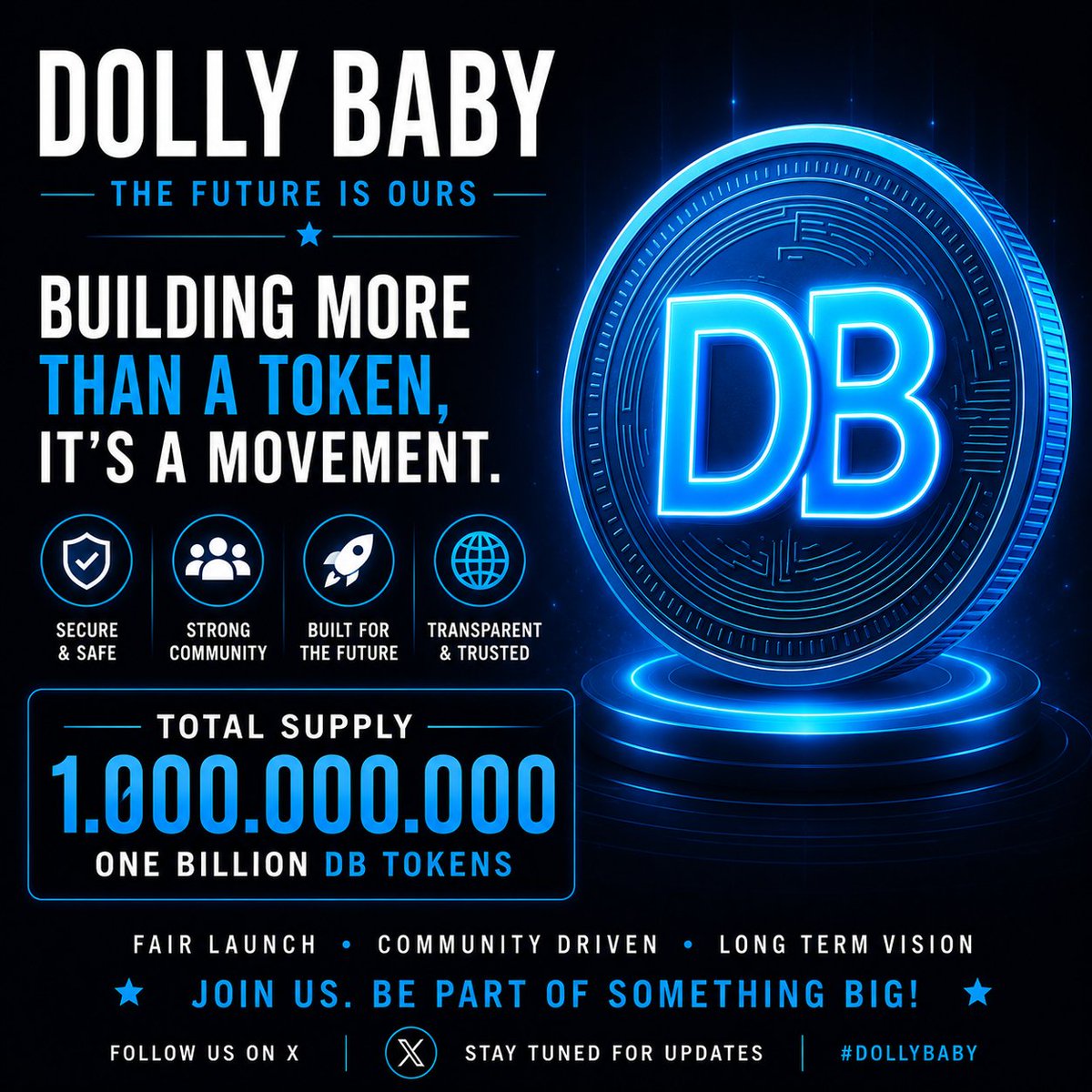 DollyBabyToken1's tweet photo. 🚀 BIG ANNOUNCEMENT 🚀

Introducing Dolly Baby ($DB)

💎 Total Supply: 1,000,000,000 DB
🎁 Airdrop Coming Soon
🔥 Each person will receive 2000 DB Tokens

This is just the beginning.

Follow us on X and stay connected for official updates.

The future starts now ⚡ https://t.co/GnHgLIWoJy