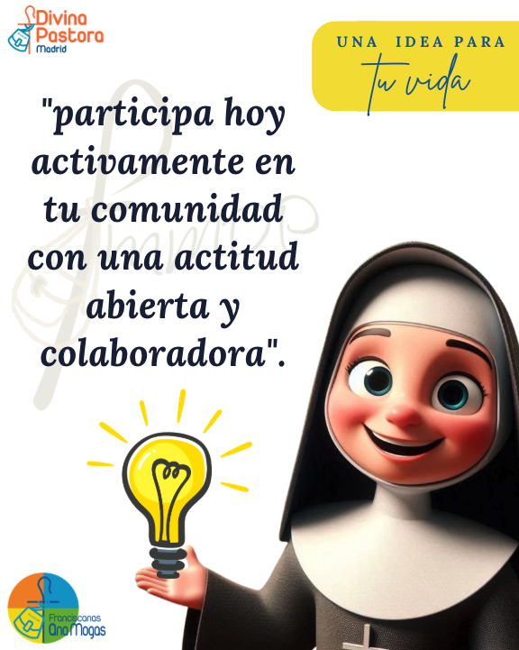 divpasmad's tweet photo. 💡Una idea para tu vida: participa hoy activamente en tu comunidad con una actitud abierta y colaboradora.

#VidaEnComunidad #CaminarJuntos #FeCompartida #somosfranciscanas #divinapastoramadrid https://t.co/yhedtfsiEQ