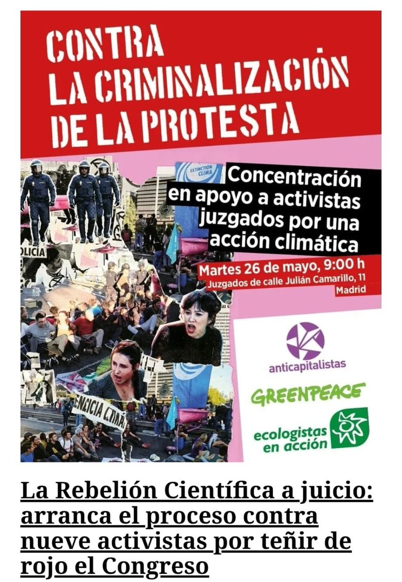 PSindicalEMT's tweet photo. 🔴 Madrid | Concentración de apoyo, al activismo climatico. ¡Libertad a los nueve! No a la criminalización de la protesta por el clima, no a la criminalización de la protesta por la tierra. NO A LA CRIMINALIZACIÓN DEL ACTIVISMO ECOLOGISTA
@anticapi @ecologistas @greenpeace_esp https://t.co/QC9vwwHH74