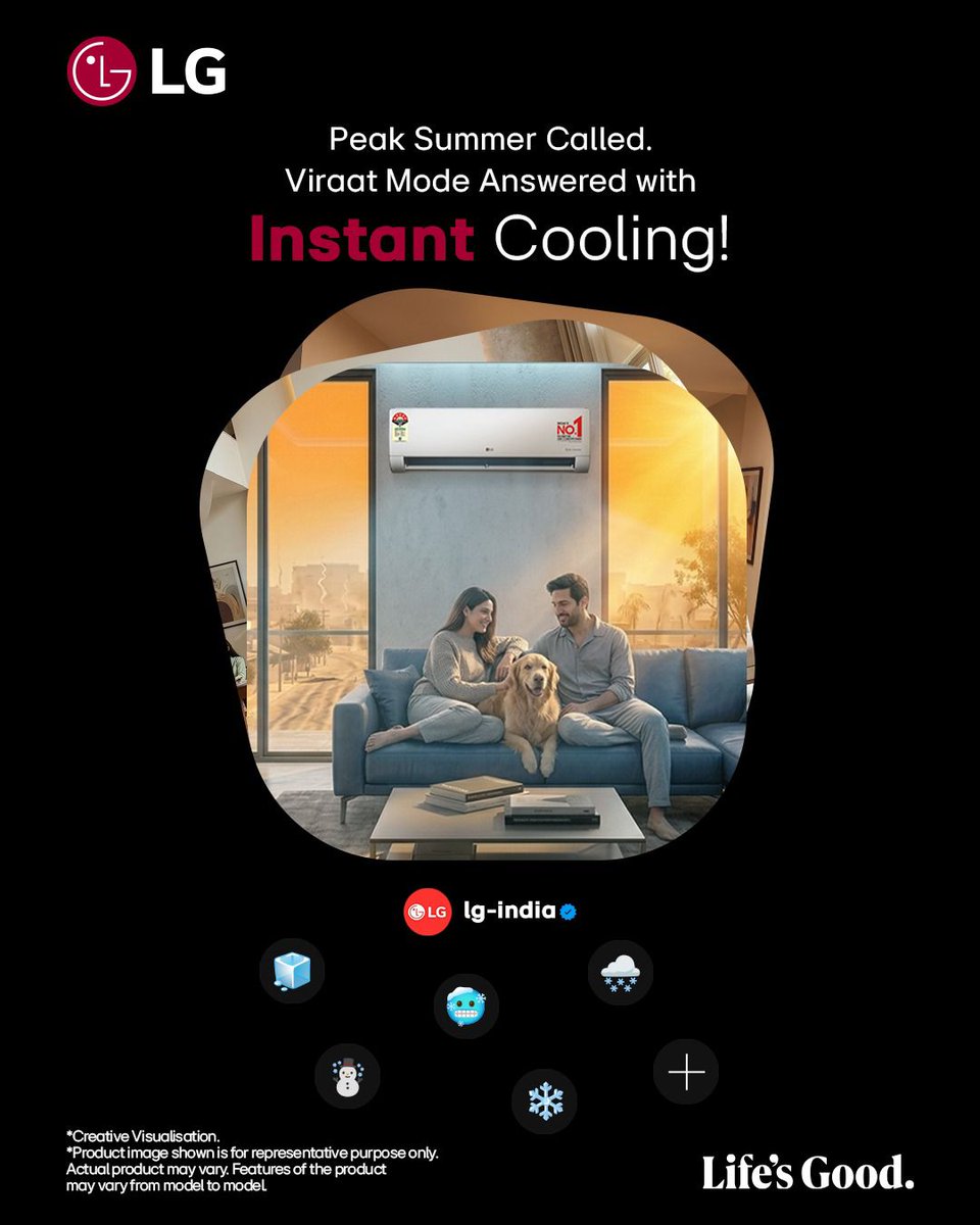 LGIndia's tweet photo. When summers take an extreme turn, switch on Viraat Mode for Instant Cooling with LG Air Conditioners!
Know more: https://t.co/jqspFKED1T
#LG #LGIndia #LifesGood #LGAirConditioners #Trend #Instants #InstantCooling #ViraatMode #PeakSummer #ExtremeHeat https://t.co/Xj4WdzgdsF