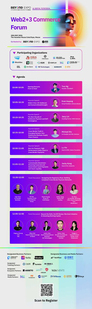InterlaceMoney's tweet photo. Excited to join the Web2+3 Commerce Forum at @beyondtechexpo 2026 in Macau 🇲🇴

BEYOND Expo has previously featured influential global leaders and innovators, including Alibaba Chairman @joetsai1999 , alongside top executives, investors, and pioneers across technology, AI, Web3, and global commerce.

Our Founder & CEO Michael Wu (@M_Interlace) will speak on:
🎤 “Cross-Border Trade in Emerging Markets: How Stablecoins Reshape Supply Chain Finance”
📅 May 28, 2026
📍 The Venetian Macao Cotai Expo

As global commerce evolves, stablecoins are unlocking faster settlement, improved liquidity, and more efficient cross-border payment infrastructure for businesses worldwide.

Looking forward to connecting with builders, partners, and innovators shaping the future of Web2 + Web3 commerce.

#BEYONDExpo2026 #Interlace