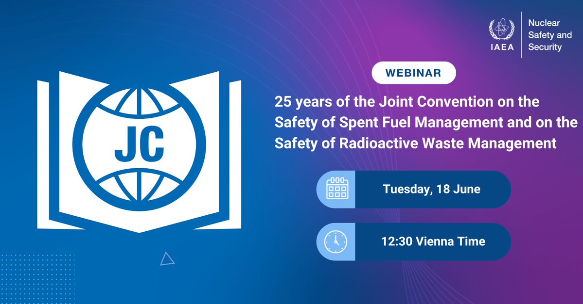 IAEANS's tweet photo. Strengthening global safety in spent fuel and radioactive waste management requires sustained international cooperation.
25 years ago, the Joint Convention on the Safety of Spent Fuel Management and on the Safety of Radioactive Waste Management entered into force, the world’s first legally binding international instrument.

Join 12 nuclear safety experts from around the world for an @iaeaorg webinar to mark this quarter-century milestone. 
Together, we will explore:
🔹Achievements, contributions and impact
🔹Emerging challenges and how to adapt to new developments
🔹Supporting global efforts in an everchanging landscape

For regulators, policymakers, strategy developers, technical and legal experts, and young professionals.

🗓️18 June 2026, 12:30 CEST
Register here: https://t.co/K6Tvs8rv4I