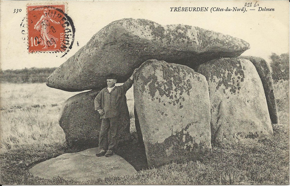 PhilWat09037421's tweet photo. The dolmen of Lan-Kerellec in Trébeurden (Côtes-d’Armor) has a capstone on 5 orthostats and is the remains of an allée couverte or passage grave. It was inhabited by beings known as Gorrikets hence its other name of Ty-Lia. #TombTuesday. Card by Neurdein 1905 or earlier. https://t.co/2CbUAMgAZY