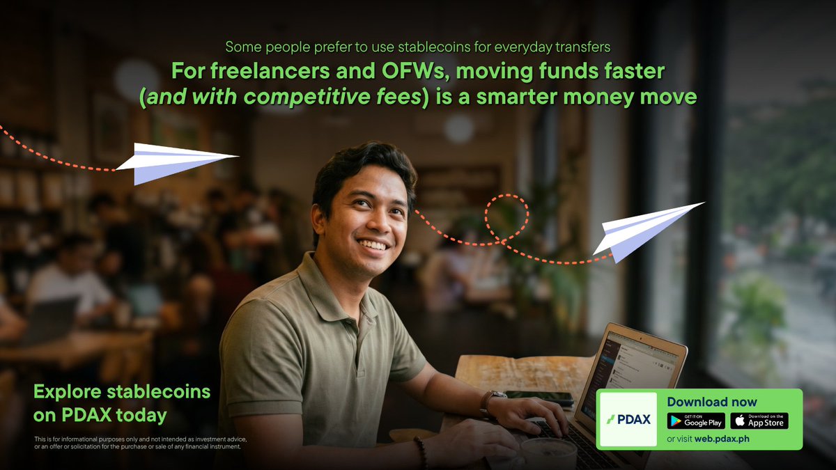 pdaxph's tweet photo. If you regularly send or receive money from abroad, speed and fees matter. ⚡

That’s why some freelancers and OFWs use stablecoins

✔ faster transfers
✔ lower fees
✔ easier to move when needed

It’s a simple, practical way to handle everyday transfers on PDAX 📲 #Stablecoins #CryptoPH #YourNextMoneyMove