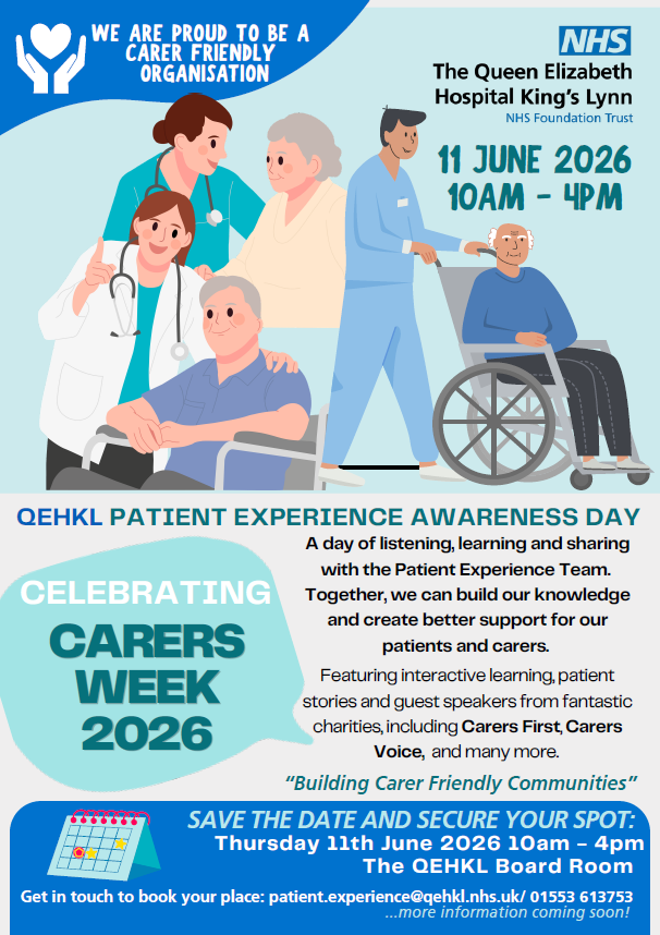 Careline_CS's tweet photo. COMING SOON! If you're caring for someone, or involved in the care industry in some way, come to the Patient Experience Awareness Day on Thursday 11th June 10am - 4pm at The Queen Elizabeth Hospital King's Lynn @TeamQEH 

Details here: https://t.co/1aaq8FzN7k https://t.co/2JMaRoMLe2