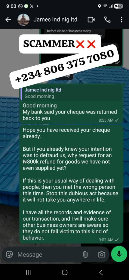 imran_services's tweet photo. To all business owners, please be careful out there ⚠️

Someone almost used a fake cheque of ₦9,850,000 to scam me.
Big thanks to @ProvidusBank for their quick action, and thanks to Almighty Allah for giving me the wisdom to stay vigilant and notice that the transaction was not genuine.

Scammers are everywhere these days. Stay safe and always verify transactions before releasing goods or making refunds.