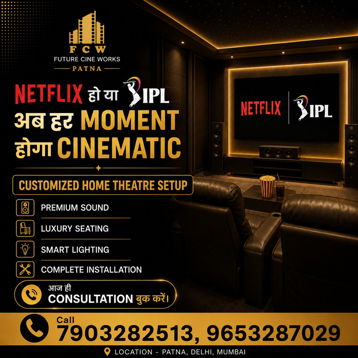 futurecineworks's tweet photo. 🎬 Turn every weekend into a cinematic experience 

🔥 FCW Future Cine Works brings luxury Home Theatre setups with premium sound, smart lighting &amp; customized design ✨ 

📞 7903282513 | Patna•Delhi•Mumbai 

#HomeTheatre https://t.co/fEPgkm71Or