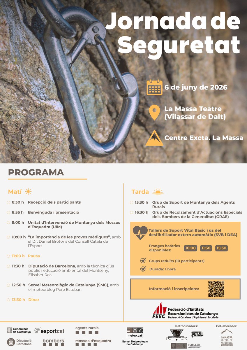 FEEC_cat's tweet photo. La #FEEC presenta una jornada de seguretat amb un cartell de luxe.

Posem l'accent a la seguretat a la muntanya ⛰️

✅ UIM @mossos 👮
✅ Dr Daniel Brotons 🧑‍⚕️ @esportcat 
✅ Elisabet Ros🌲 @montseny @xarxadeparcs 
✅ Pere Esteban ⛈️ @meteocat #meteomuntanya
✅ @agentsruralscat 🐾
✅GRAE @bomberscat 🧑‍🚒

🗓️ 6 de juny
⏰ De 9 a 17.30 h
📍 Vilassar de Dalt (el Maresme)

🔗https://t.co/hnmnOcAbHe

#sentlamuntanya #sommuntanya #somseguretat