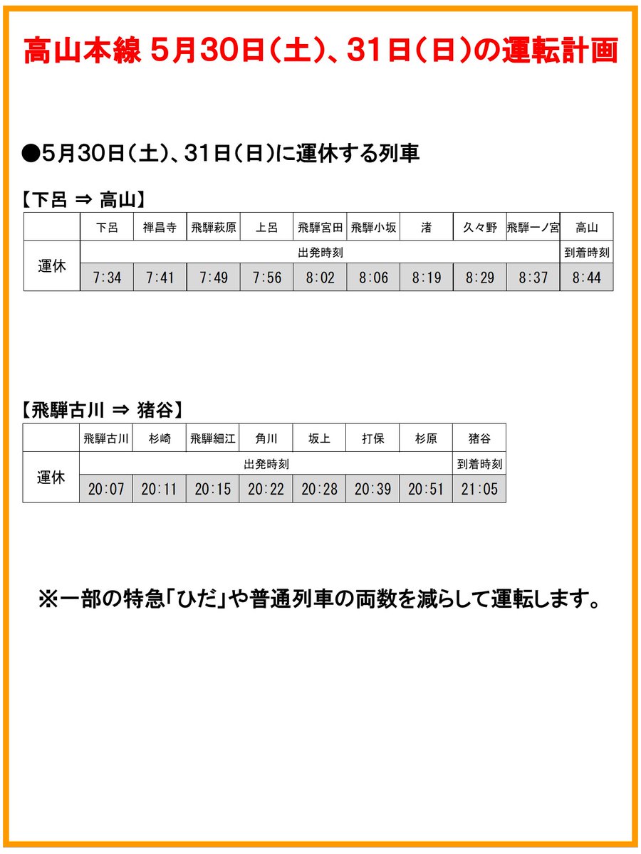 高山線(岐阜~猪谷)運行情報【JR東海公式】 tweet media