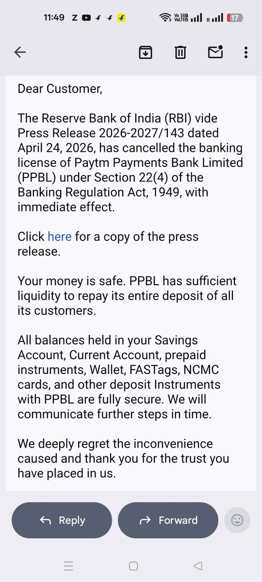 RituVatsla's tweet photo. @Paytm Multiple emails and tweet, I have still not received any proper solution or timeline to withdraw my funds from the paytm payment bank.

 Please provide a clear resolution urgently instead of automated responses.@paytmbankcare @PaytmBank @RBI  @vijayshekhar  @SmalhotraRBI https://t.co/hy7c4KAj1r