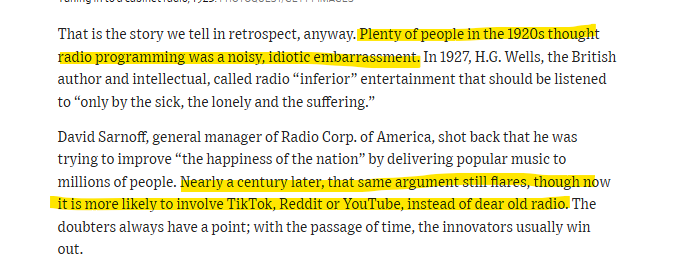 AdamThierer's tweet photo. the radio panic of the 1920s vs social media panic of today.   The H.G. Wells quote is really something. https://t.co/2prTtK6wfU