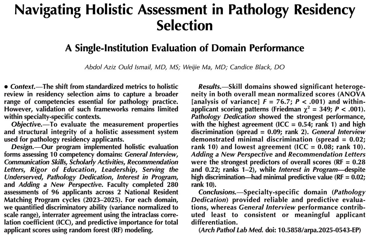 AzizOuldIsmail's tweet photo. At DHMC Pathology, resident recruitment is not a vibe check — it’s a process.

In this manuscript, we share how we evaluate and refine holistic review so every applicant receives thoughtful, consistent consideration.

https://t.co/AjrCEljIWY

#PathX #MedEd #GME #PathMatch https://t.co/O3KXhLekSl