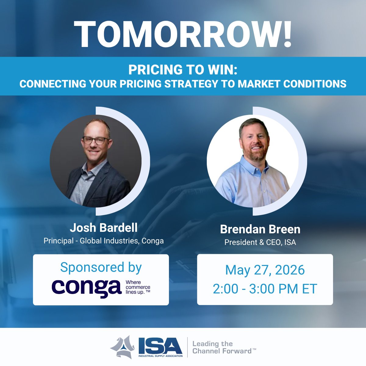 ISAssoc's tweet photo. Tomorrow: Join Josh Bardell (Conga) and Brendan Breen to learn how to connect pricing strategy to real market conditions and protect your margins. Respond with confidence when the market shifts.

Register: https://t.co/x3zskPrKde

#ISAWebinar #PricingStrategy https://t.co/slyQZhIgIz