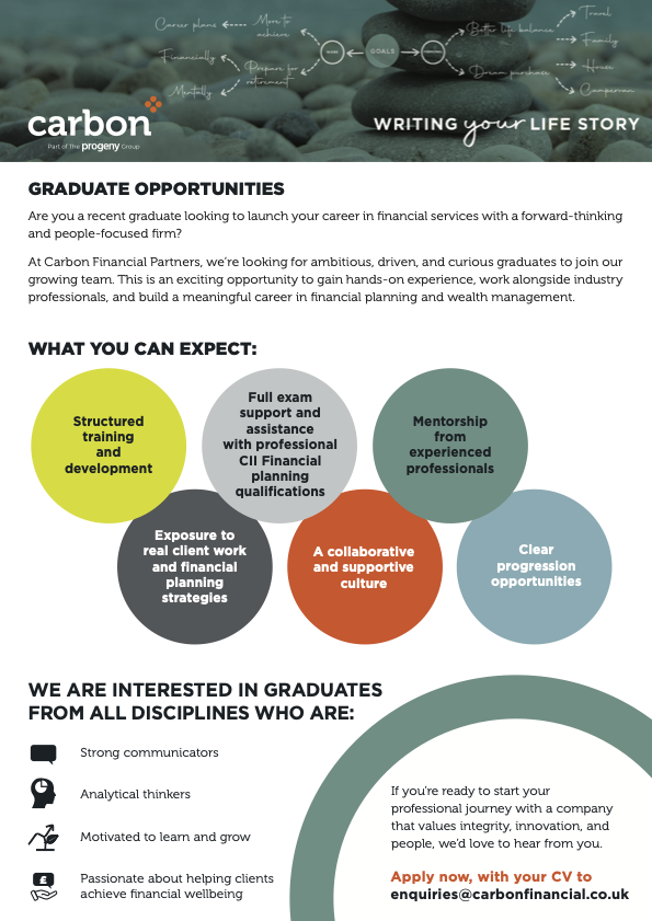 CarbonFinancial's tweet photo. Graduates, are you ready for your first role in financial services?

Join Carbon Financial Partners for hands-on experience, structured development &amp; full support towards qualifications in a genuinely supportive team.

Apply now, with your CV to: enquiries@carbonfinancial.co.uk https://t.co/K1kPXzxnc8