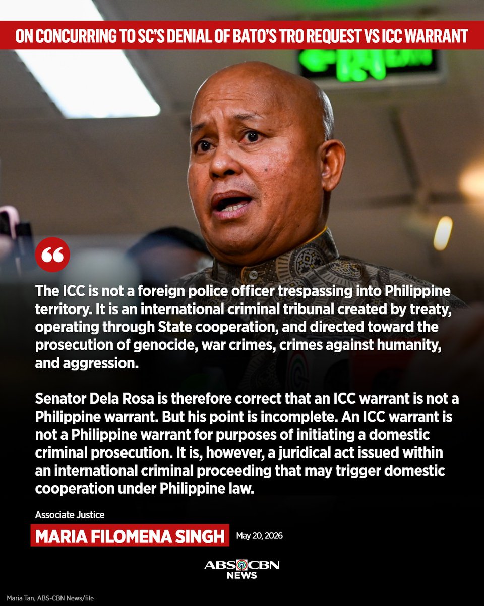 ABSCBNNews's tweet photo. Idiniin ni Associate Justice Maria Filomena Singh na hindi dayuhang puwersang bastang nanghihimasok sa Pilipinas ang ICC kundi pandaigdigang hukumang nilikha ng kasunduan ng mga estado upang litisin ang mabibigat na krimen.

BASAHIN: https://t.co/VmG7OkL03K https://t.co/DBdp5OfOBw
