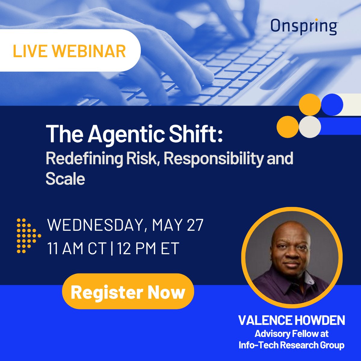 onspring's tweet photo. AI agents are changing the rules of governance, risk and accountability.
As organizations move toward more autonomous AI systems, traditional oversight models may no longer be enough.

Join Valence Howden of Info-Tech Research Group for a practical discussion on governing and scaling Agentic AI responsibly.

Last chance to register:  https://t.co/UyjUL5DL99

#AI #Governance #RiskManagement #GRC #ArtificialIntelligence