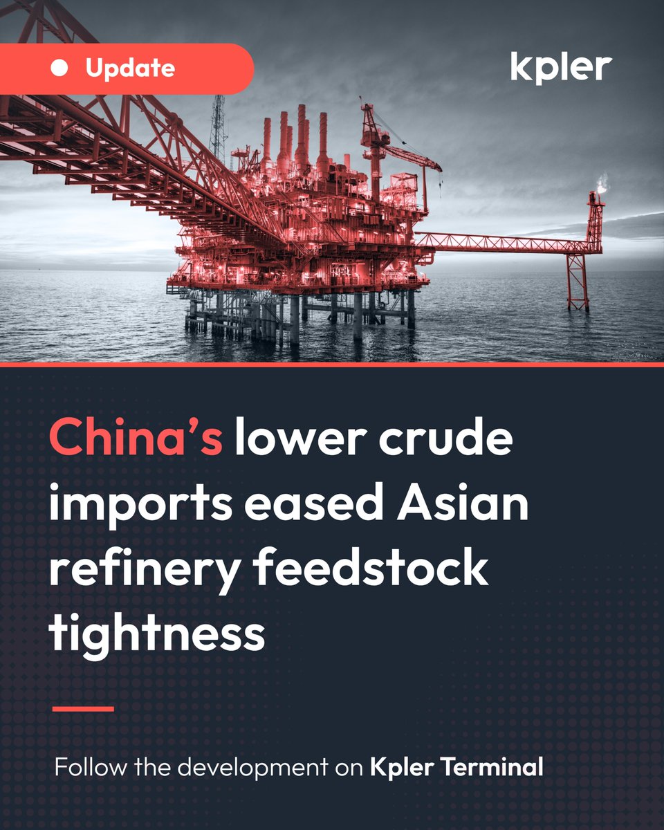 Kpler's tweet photo. China’s crude pullback

China’s sharp decline in #crude imports has unintentionally eased feedstock tightness across Asia. With May imports tracking near 6.6 mbd, the lowest since 2016, more Middle Eastern, Russian, African and Atlantic Basin barrels have become available to refiners elsewhere. Asia ex-China runs are now expected near 14.8 mbd, up roughly 900 kbd month on month, though still well below last year’s levels. A rebound in Chinese buying could quickly tighten balances again.

Stay ahead of the market with #Kpler Insight: https://t.co/nrq3VPIrS7