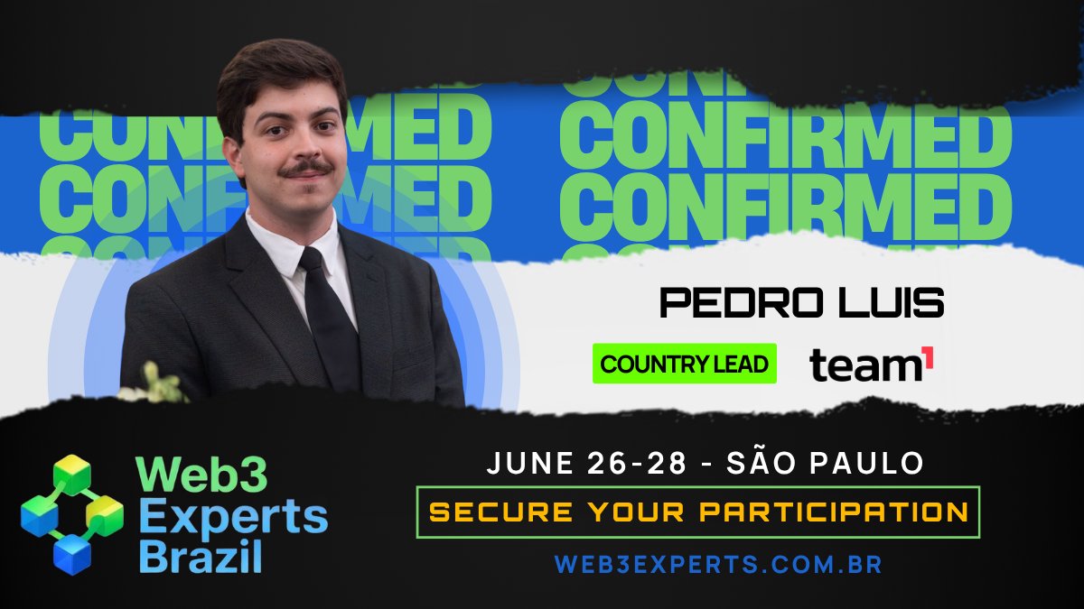 web3edubrasil's tweet photo. 🚀 Web3Experts Brazil 2026: Confirmed Speaker

An event by Devs for Devs, with a full focus on technical, hands-on Web3 content.

🎤 @pablexxeth 
Working in the Web3 ecosystem for 5 years, with a focus on ecosystem building and community development. Since 2025, serves as Country Lead of @Team1BR and is a Software Engineering student at UCSAL (Catholic University of Salvador).

📅 June 26–28, 2026
📍 Oracle, São Paulo – SP

👉 Join Web3Experts Brazil 2026 and be part of the largest technical Web3 gathering in the country.

🎟 Get your ticket: https://t.co/kWNX5hBdzR