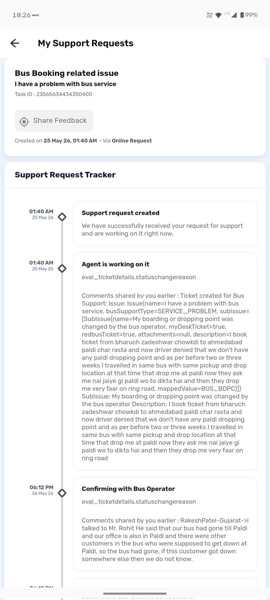 RushPatel19's tweet photo. Absolute fraud by @goibibo &amp; Shreenath Travels! Ticket TaskID: 23565634434350400. The operator lied to you saying the bus went to Paldi. You are trying to resolve this without my consent based on their lies, completely ignoring my safety and wallet. https://t.co/mjG0ZeVGEE