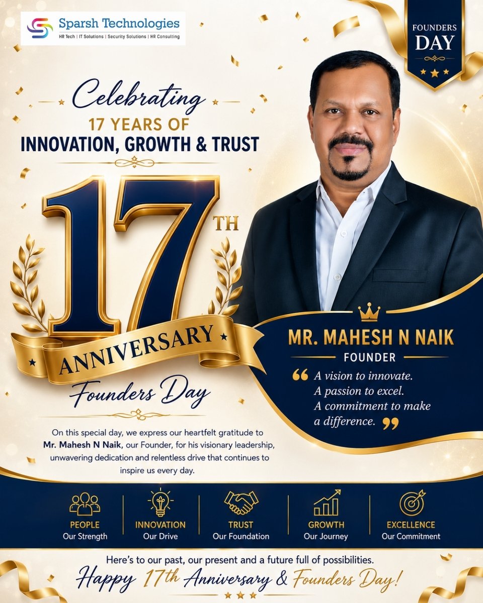 sparshtechblr's tweet photo. Celebrating 17 Years of Innovation, Growth &amp; Trust! 🎉

On this special Founders Day, we extend our heartfelt gratitude to our Founder, Mr. Mahesh N Naik, for his visionary leadership, dedication, and commitment that continue to inspire us every day.

#FoundersDay #Leadership https://t.co/t5WGC7J9ai