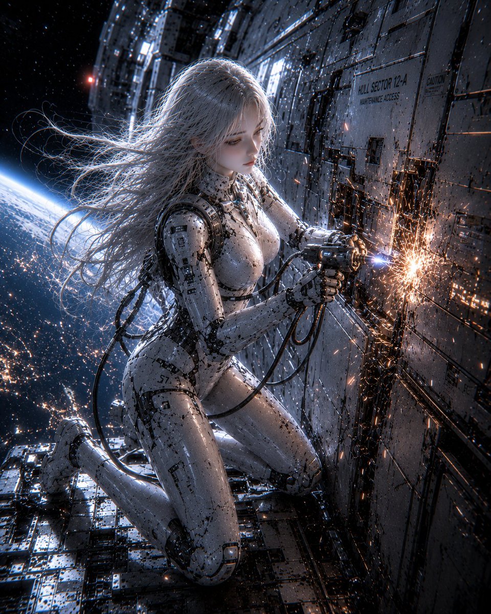 Female Android Repairing Spaceship Hull
